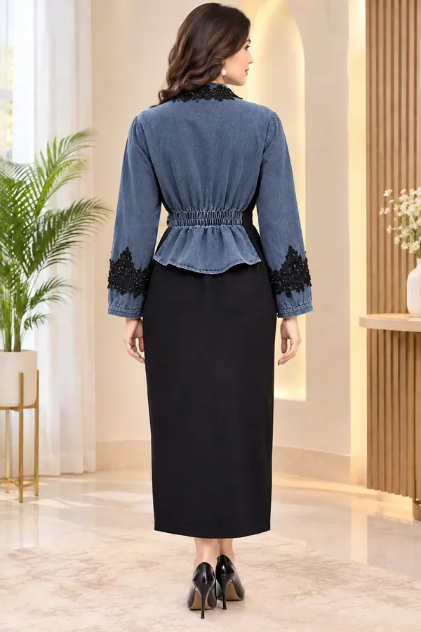 Denim_&_Black_Lace-Embellished_Midi_Dress