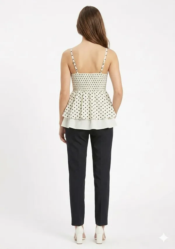 Ivory_Satin_Corset-Style_Polka_Dot_Peplum_Top_For_Women