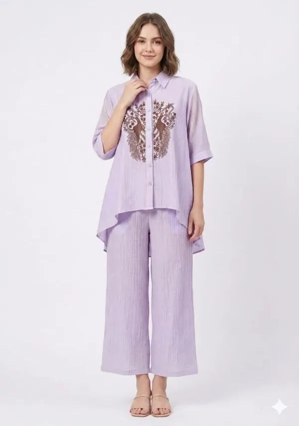 Lilac_Organza_Peacock_Embroidered_High-Low_Tunic_Co-Ord_Set_For_Women