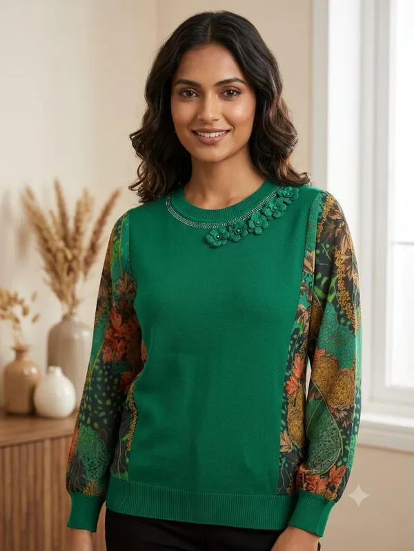Floral_Floral-Sleeve_Knit_Top_/_3D_Appliqué_Mixed-Media_Pullover_Sweater