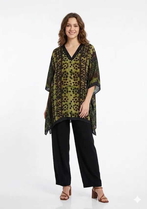 Olive_Green_Crepe_Flowy_Animal_Print_Kaftan_For_Women