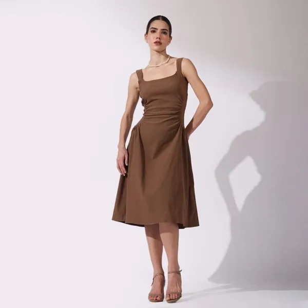 Brown_Cotton_A-Line_Square_Neck_Midi_Dress_For_Women