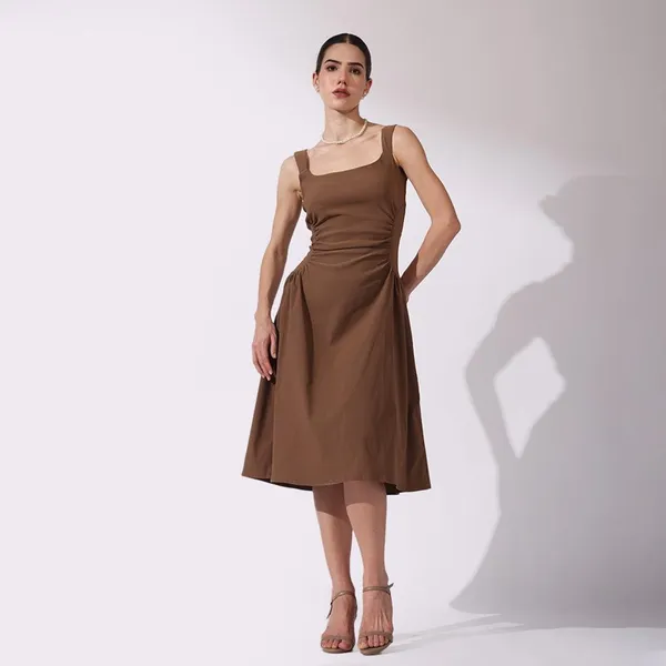 Brown_Cotton_A-Line_Square_Neck_Midi_Dress_For_Women