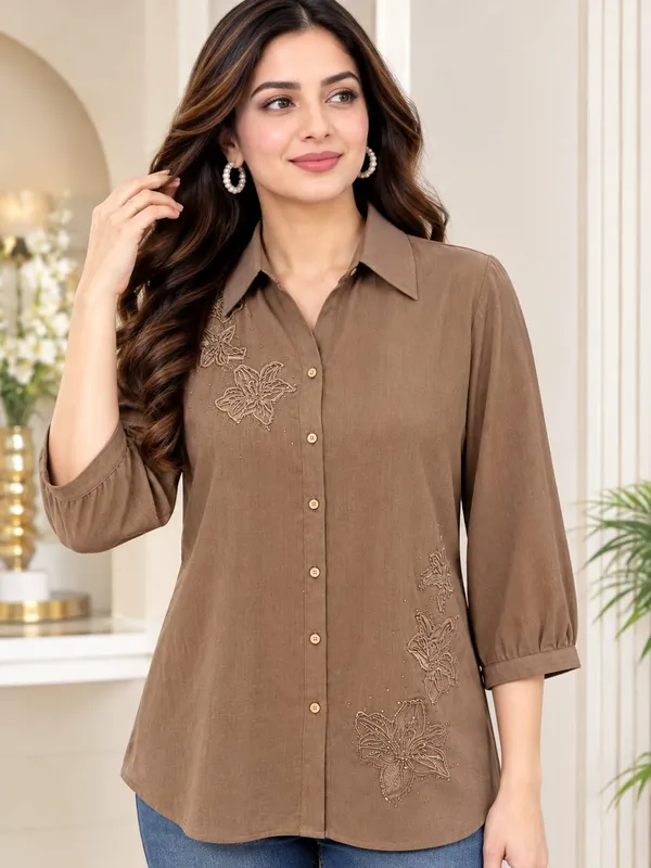 Glaze_Brown_Floral_Embellished_Linen_Shirt