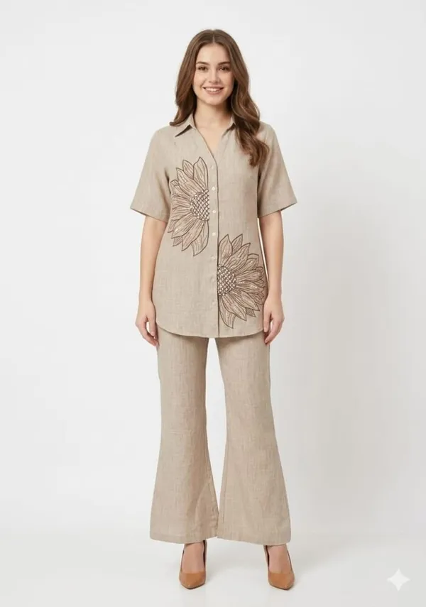 Beige_Linen_Sunflower_Embroidered_Co-Ord_Set_For_Women