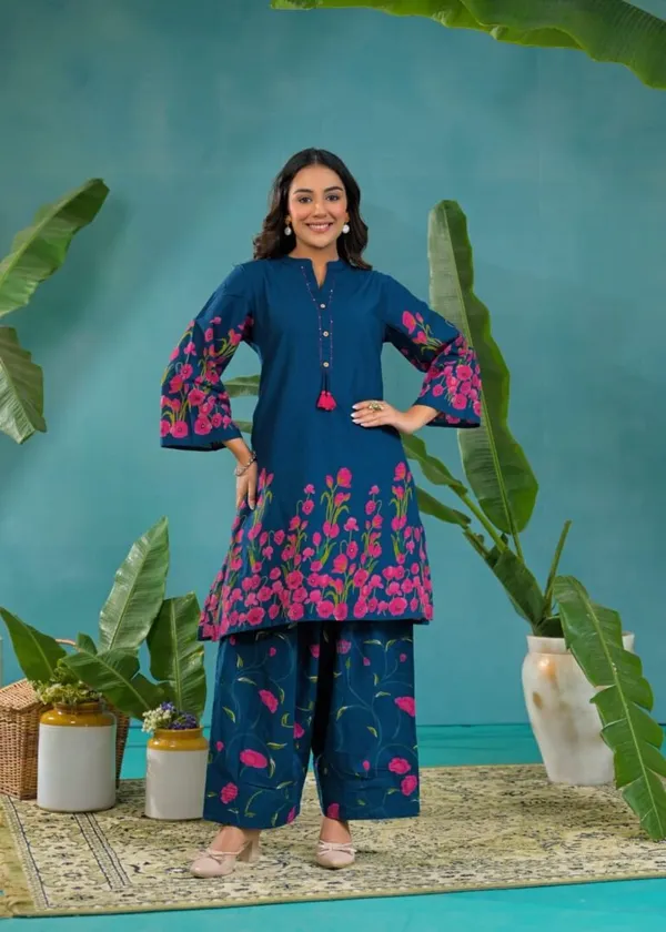 Teal_Blue_Cotton_Floral_Border_Bell_Sleeve_Co-Ord_Set_For_Women