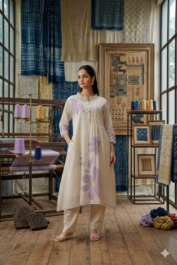 Ivory_Cotton_Pintucked_Lilac_Floral_Placement_Tunic_Set_For_Women