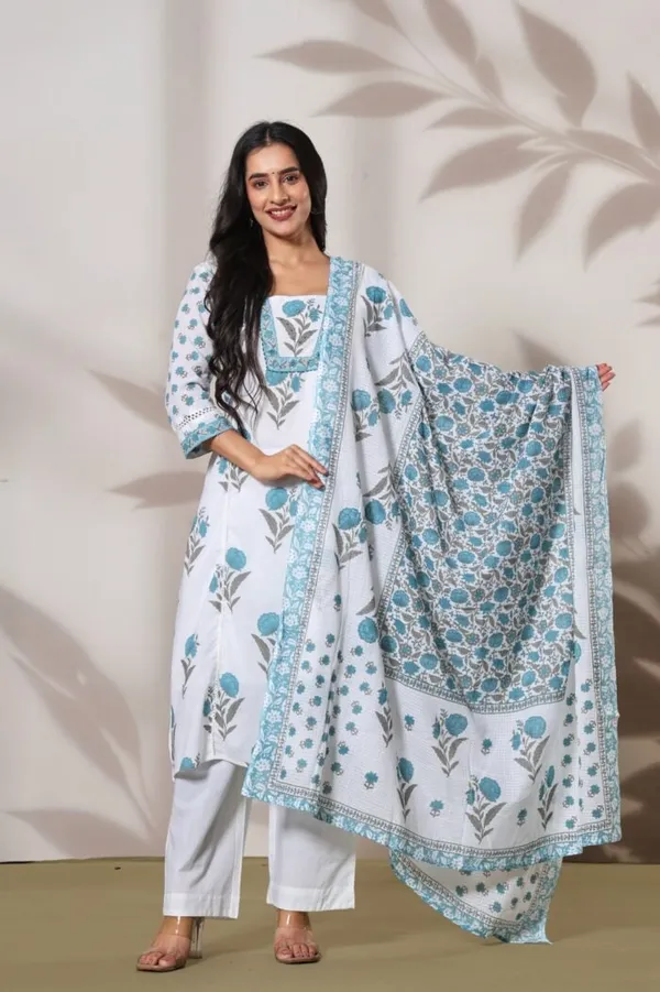 White_&_Blue_Cotton_Straight_Floral_Block_Print_Kurta_Set_For_Women