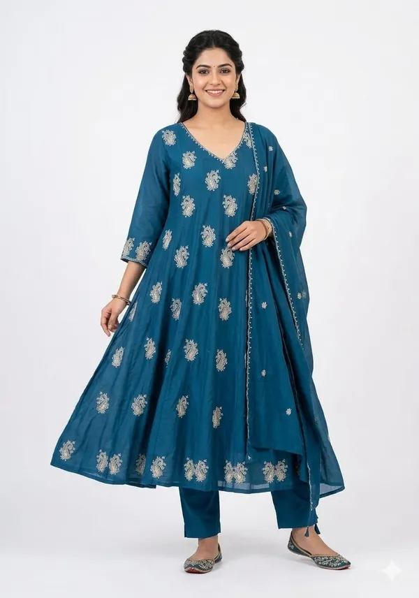 Teal_Cotton_Mul_Flared_Anarkali_Set_For_Women