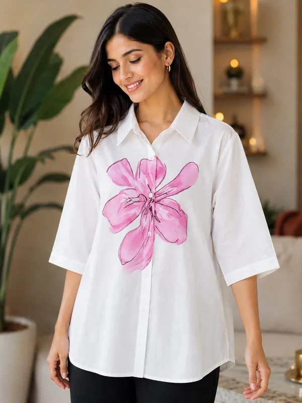 White_Cotton_Relaxed_Fit_Floral_Print_Shirt_For_Women