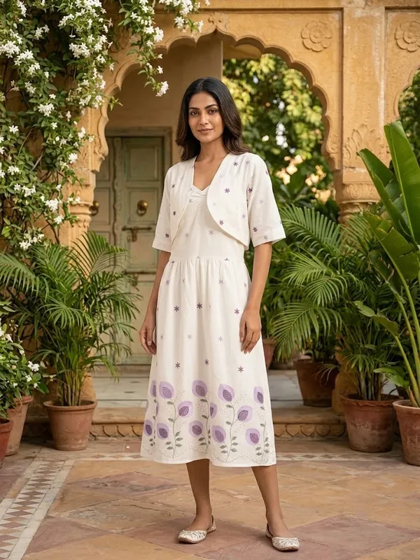White_Cotton_Floral_Bolero_Midi_Set_For_Women