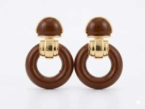 Gold_Chestnut_Brown_Enamel_Door_Knocker_Hoop_Drop_Earrings_For_Women