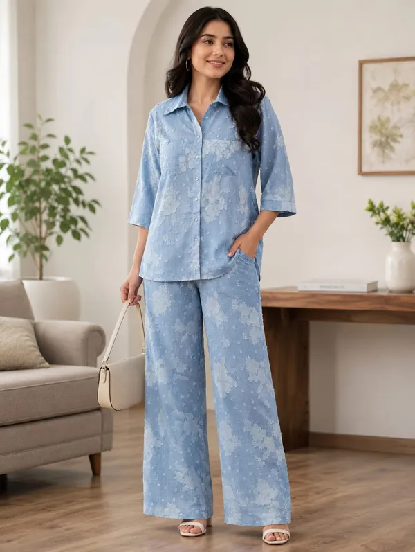 Light_Blue_Floral_Jacquard_/_Schiffli_Cotton_Shirt_&_Wide-Leg_Trouser_Co-ord_Set