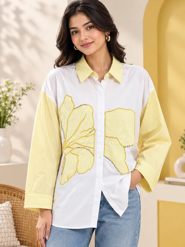 White_And_Yellow_Cotton_Regular_Fit_Striped_Shirt_For_Women