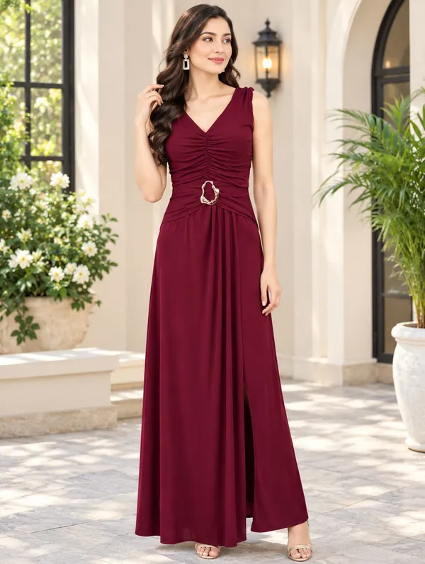 Maroon_Ruched_Gown_with_Slit