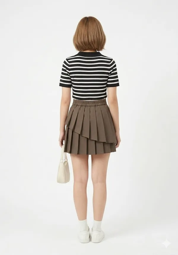 Brown_Knitted_Striped_Polo_Layered_Pleated_Mini_Skirt_For_Women