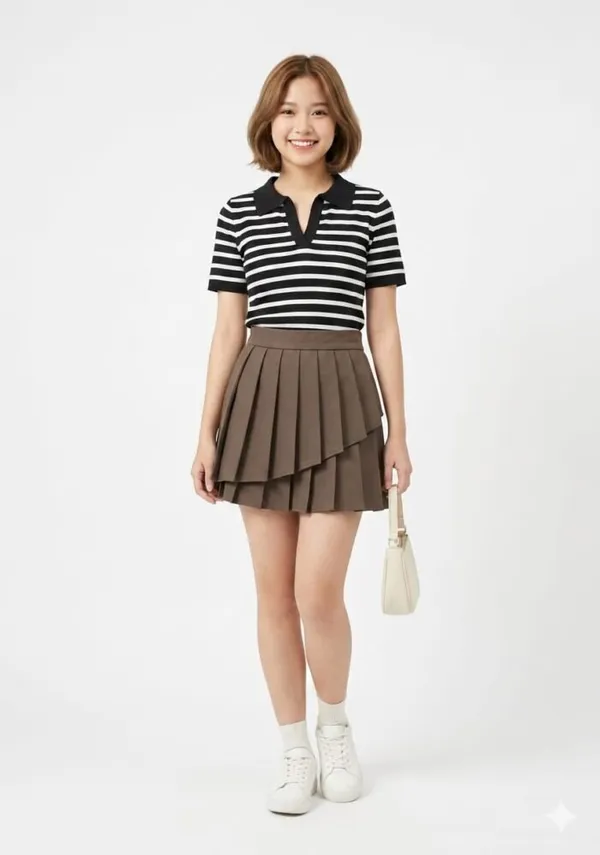Brown_Knitted_Striped_Polo_Layered_Pleated_Mini_Skirt_For_Women
