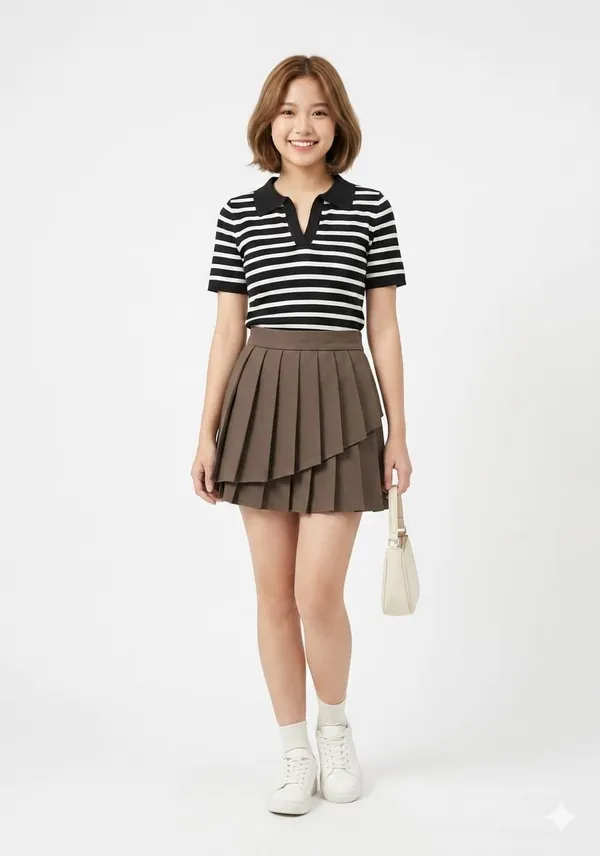 Brown_Knitted_Striped_Polo_Layered_Pleated_Mini_Skirt_For_Women