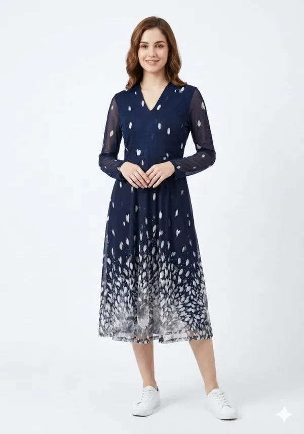 Navy_Blue_Power_Knit_Floral_Print_A-Line_Midi_Dress_For_Women
