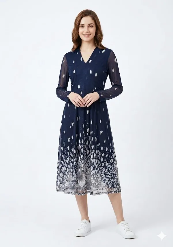Navy_Blue_Power_Knit_Floral_Print_A-Line_Midi_Dress_For_Women