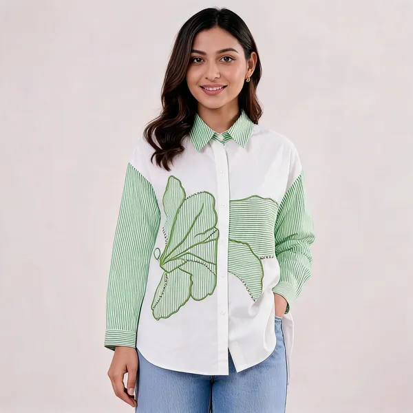 White_Green_Cotton_Relaxed_Fit_Striped_Embroidered_Shirt_For_Women