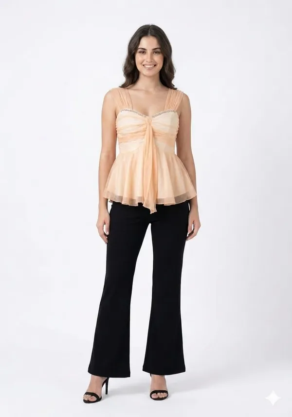 Peach_Net_Corset_Ruched_Peplum_Top_For_Women
