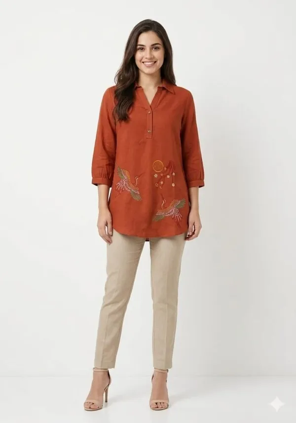 Rust_Cotton_Crane_Embroidered_Short_Kurti_For_Women