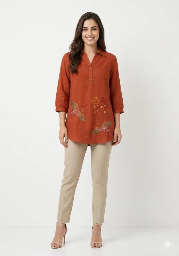 Rust_Cotton_Crane_Embroidered_Short_Kurti_For_Women