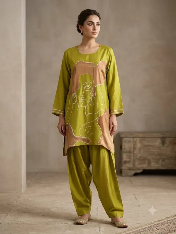 Olive_Green_Abstract_Face_Embroidered_Kurta_with_Salwar_Set