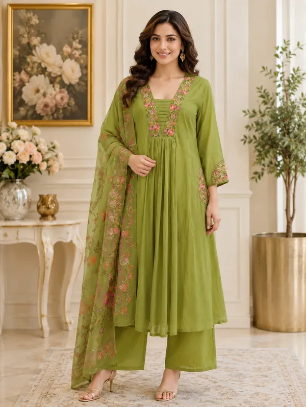 Olive_Green_Floral_Embroidered_Anarkali_Suit_Set