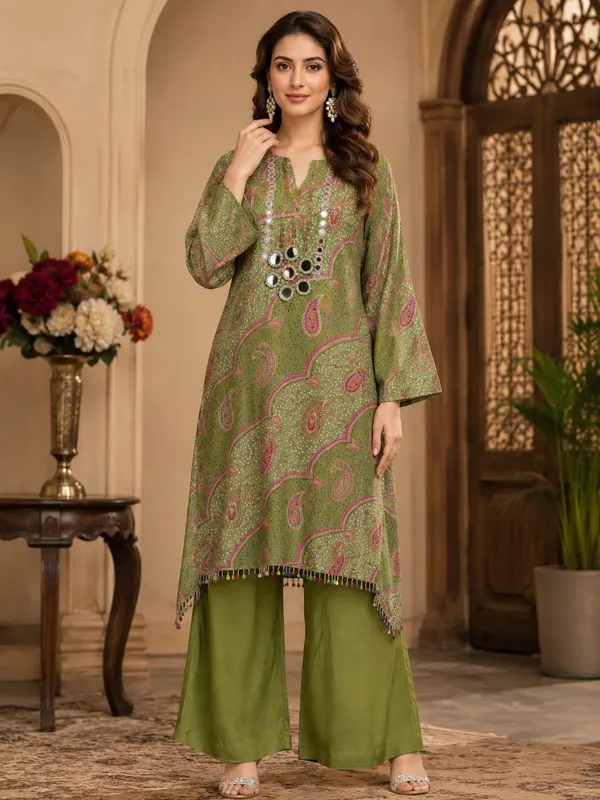 Olive_Green_Paisley_Print_&_Mirror-Work_Tunic_Co-Ord_Set