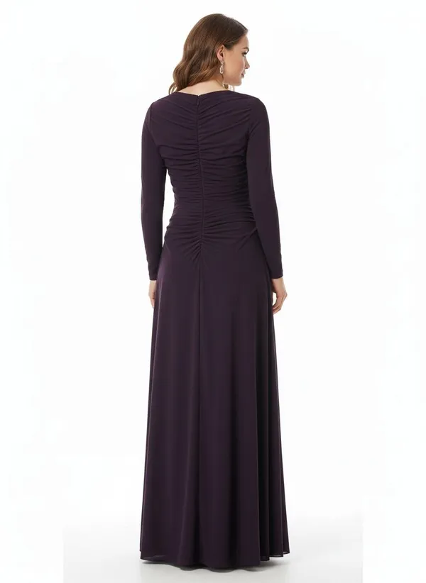 Plum_Stretchable_Lycra_A-Line_V-Neck_Evening_Gown_For_Women