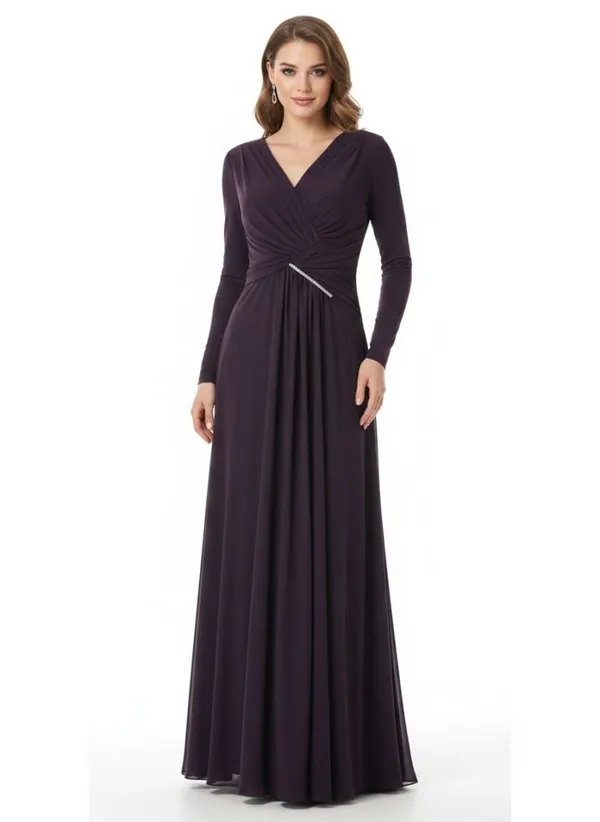Plum_Stretchable_Lycra_A-Line_V-Neck_Evening_Gown_For_Women