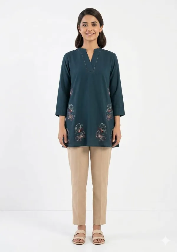 Navy_Blue_Cotton_Straight_Butterfly_Embroidered_Kurti_For_Women