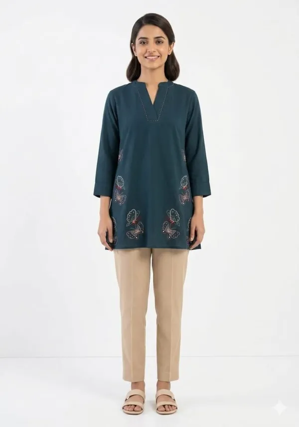 Navy_Blue_Cotton_Straight_Butterfly_Embroidered_Kurti_For_Women