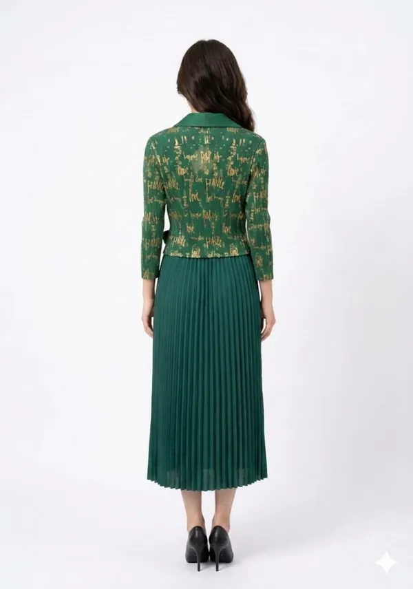 Forest_Green_Polyester_Pleated_Metallic_Wrap_Dress_Set_For_Women