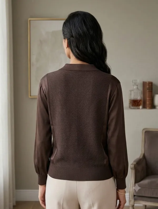 Ribbed_&_Satin_Mixed-Media_Button-Down_Top_/_Chocolate_Brown_Hybrid_Blouse