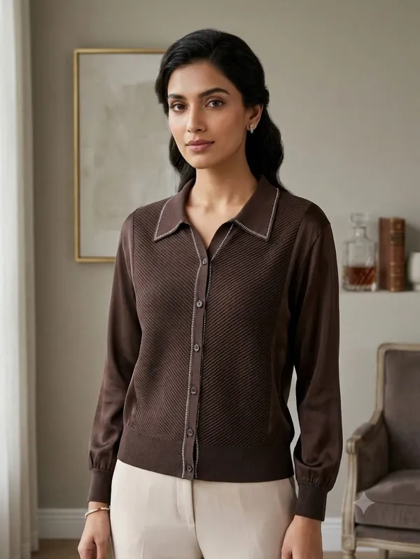 Ribbed_&_Satin_Mixed-Media_Button-Down_Top_/_Chocolate_Brown_Hybrid_Blouse