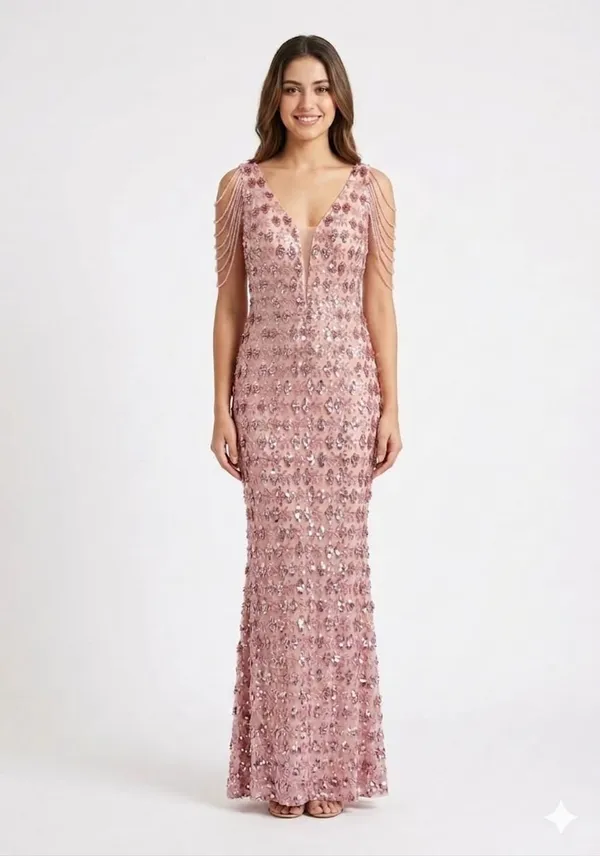 Rose_Gold_Beaded_Embellished_V-Neck_Evening_Gown