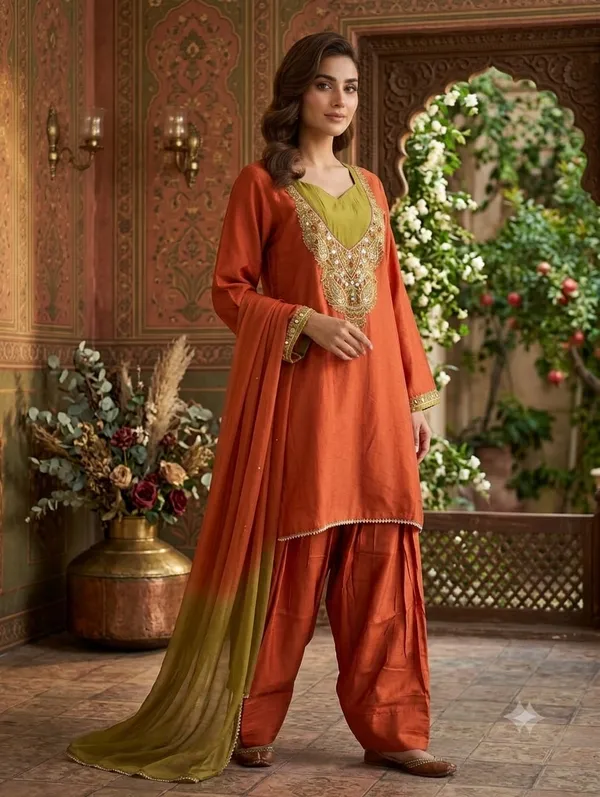 Rust_Orange_&_Olive_Green_Dual-Tone_Silk_Suit_Set