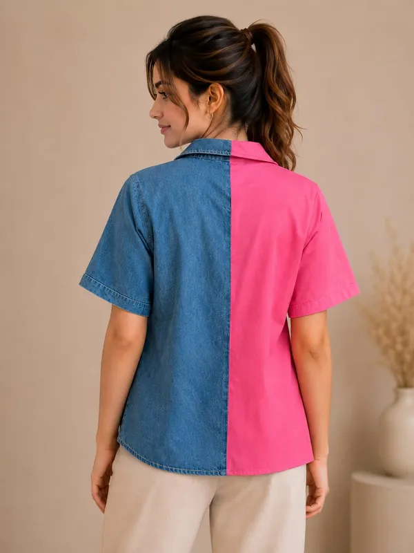 Pink_Denim_Asymmetric_Two-Tone_Crossover_Top_For_Women