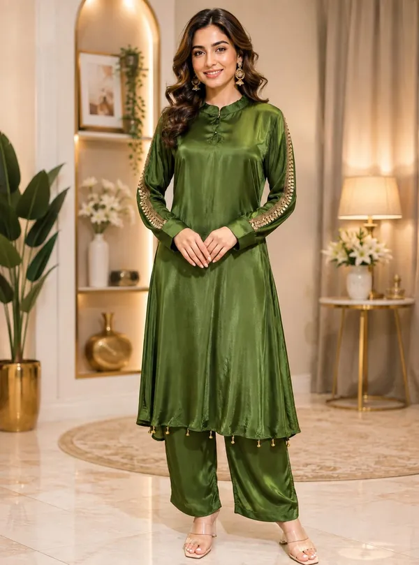 Satin_Olive_Kurta_&_Pant_Set
