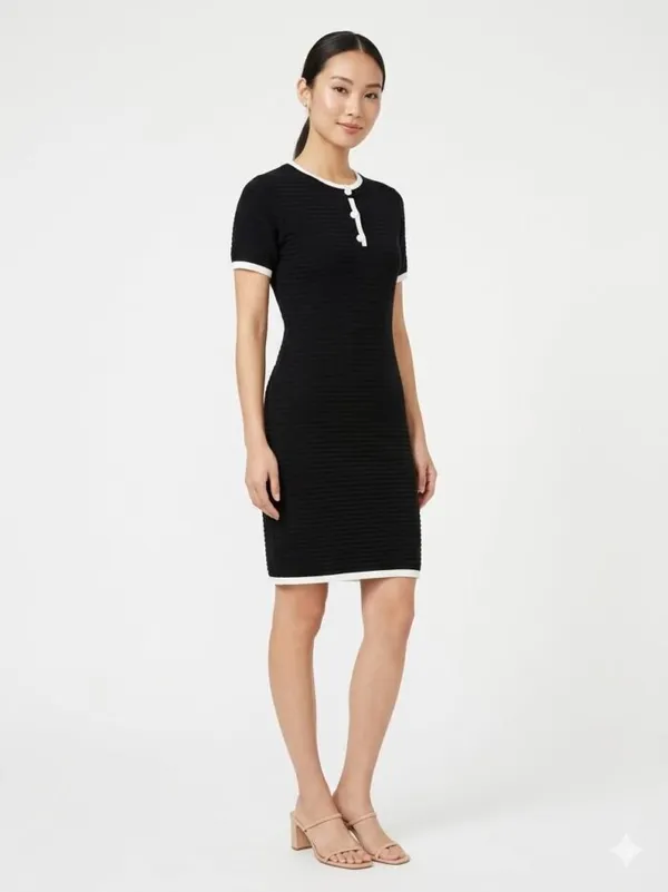 Black_Knitted_Contrast_Trim_Ribbed_Midi_Dress_For_Women