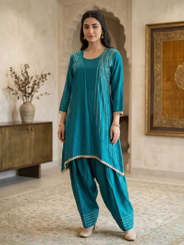 Teal_Blue_Asymmetric_Kurta_with_/Salwar_Set