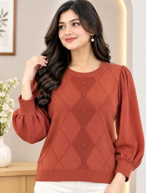Terracotta_Diamond_Embellished_Puff-Sleeve_Sweater_Top