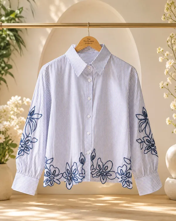 White_Cotton_Relaxed_Fit_Striped_Floral_Embroidered_Shirt_For_Women