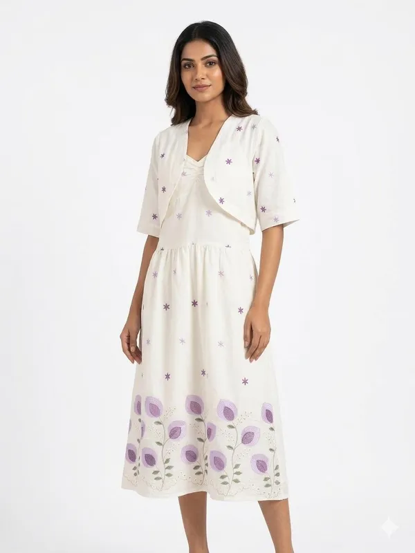 White_Cotton_Floral_Bolero_Midi_Set_For_Women