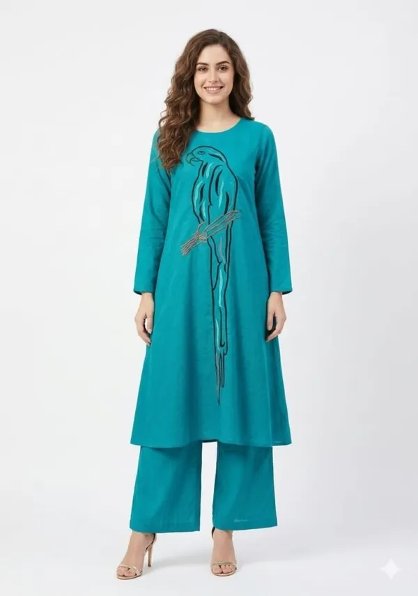 Turkish_Blue_Silk_A-Line_Avian_Embroidered_Co-Ord_Set_For_Women