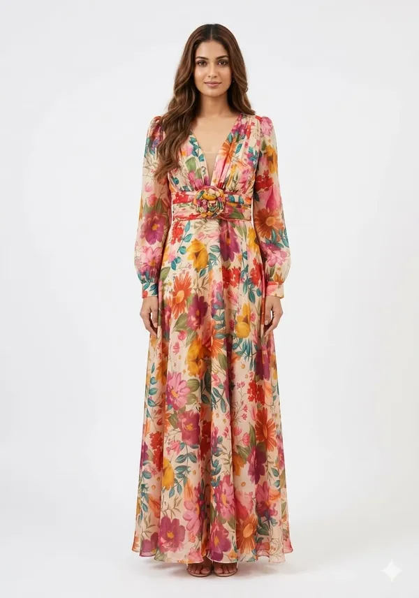 V-Neck_Long_Sleeve_Floral_Gown,_3D_Flower_Accent_Empire_Waist