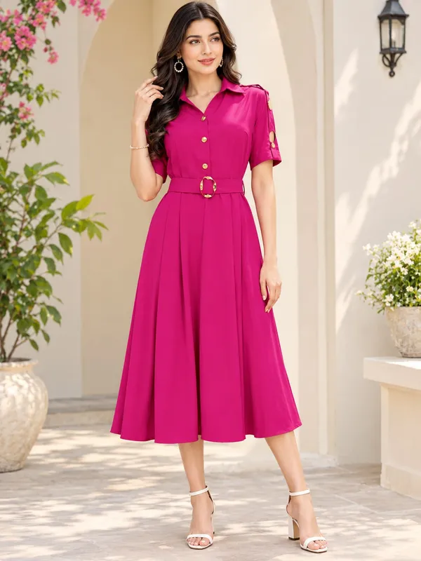Vibrant_Magenta_Shirt_Midi_Dress